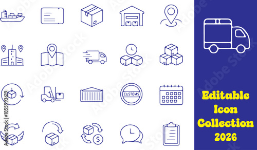 Create a logistics icon set with 30 outline icons including delivery truck, van, cargo ship, airplane cargo, warehouse, box, package, barcode, qr code.