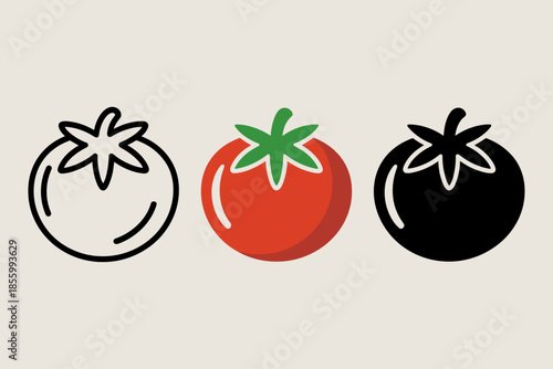 Tomato Icons Line Art, Colored, and Silhouette Representations of Ripe Vegetables