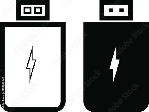 Monochromatic icon representing a portable battery charger with a lightning bolt symbol