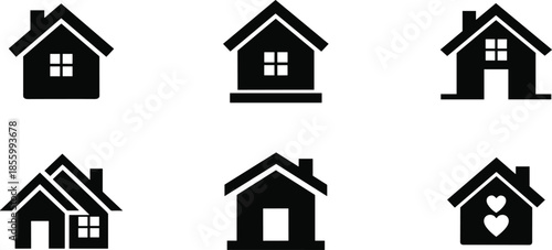 A set of six minimalist black house icons representing home, property, and real estate concepts
