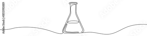 Laboratory flask in one line art style. Drawing of a conical Erlenmeyer flask with liquid inside, with black editable stroke on a white background. Vector illustration.