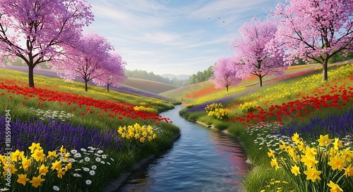 Spring Blossom River - A Serene Landscape of Colorful Flowers.