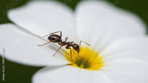 A close-up shot of a small dark ant exploring the white petals and yellow center of a delicate flower.