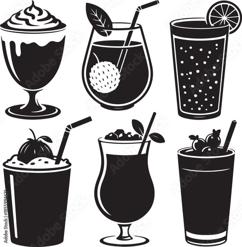 Assorted summer drinks and desserts in stylish glassware illustration