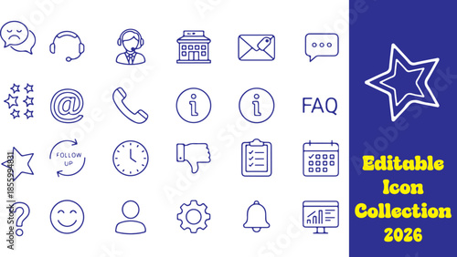 a customer support icon set with 30 outline icons including headset, support agent, call center, phone, chat, message, email, ticket, help desk, faq, question mark, info, feedback, rating, star