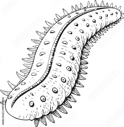 Sea Cucumber Hand-drawn Sketch Drawing Vector Illustration, Line Linear Symbol Engraving Coloring Book, Black and White Isolated