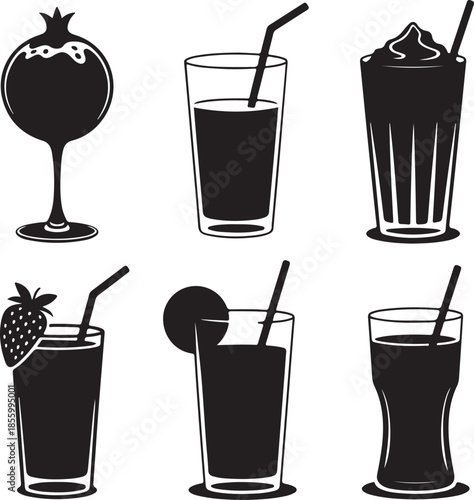 Assorted summer drinks and fruit in stylized icons isolated