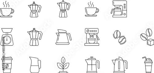 Coffee and Tea Outline Icon Set Featuring Brewing Equipment Cups Beans and Cafe Accessories in Minimal Line Vector Style