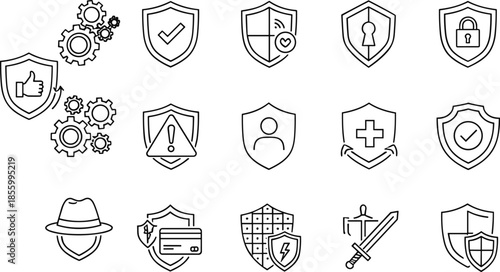 Comprehensive Cyber Security Shield Icon Set Featuring Data Protection Symbols, Network Safety Graphics, Privacy Authentication Tools, and Secure Digital Insurance Outline Elements (22 words)