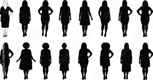 Collection of plus size woman silhouettes in various dresses and poses vector illustration cad drawing flat vector illustration