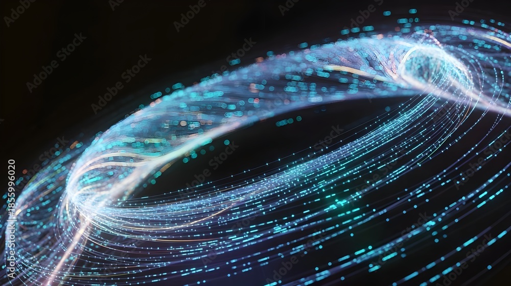 Fototapeta premium Upward twisting spiral of glowing data threads visualization - Perfect for concepts of growth, science, technology, or complex systems.