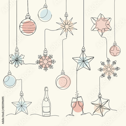 Elegant Continuous Line Art Christmas Ornaments and Festive Drinks.