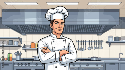 A confident male chef in a white uniform and hat stands with crossed arms in a professional stainless steel kitchen.