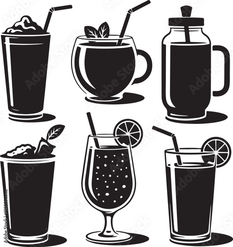Assorted stylized drinkware and beverages illustration set