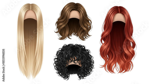 Collection of diverse women's hairstyles showcasing different colors, lengths, and textures for fashion and beauty concepts