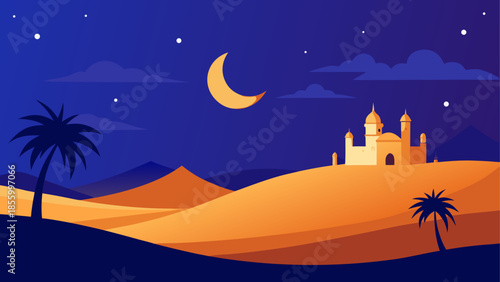 Mystical desert night with a mosque under a crescent moon and starry sky