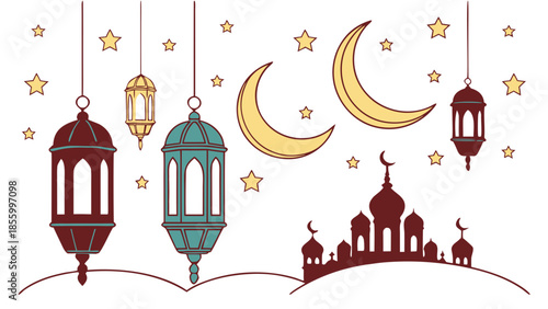 Elegant islamic festive illustration with traditional lanterns, moons, stars and mosque silhouette