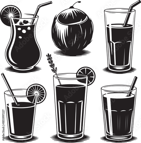 Assorted tropical drinks and coconut illustration set isolated on transparent background