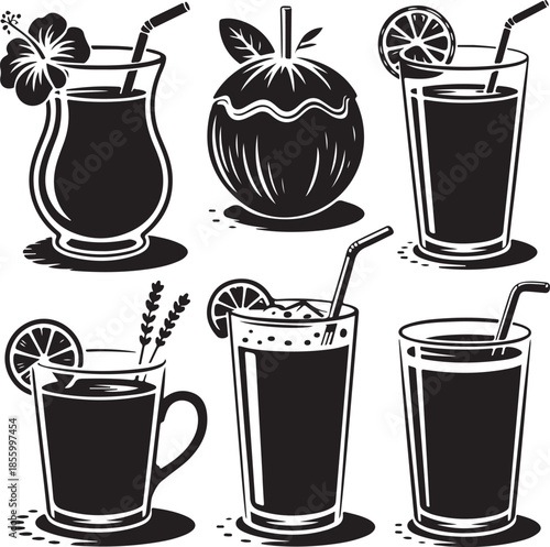 Assorted refreshing summer drinks and coconut illustration set