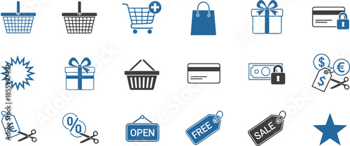 Ecommerce shopping and sale icon set with carts payments gifts discounts price tags secure transactions for online retail design