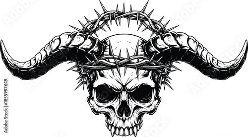 Demon skull with horns and crown of thorns illustration, dark gothic metal fantasy artwork, cad drawing flat vector illustration design
