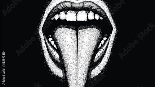 Detailed open mouth with protruding tongue stippling art vector illustration featuring teeth and organic textures cad drawing flat vector illustration