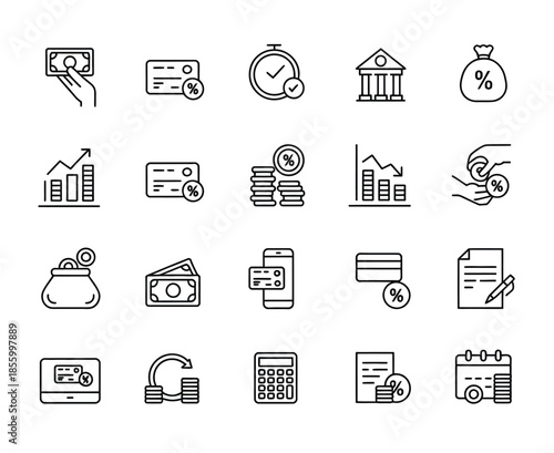 bank application money loan line icon set, credit score, low interest, discount card, mortgage percent, tax minimal vector illustration for financial lending services, debt management, and investment 