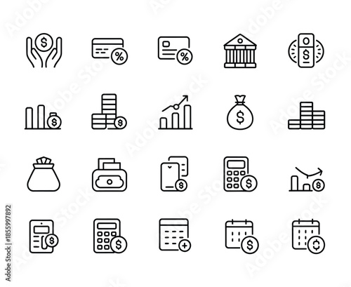 bank application money loan line icon set, credit score, low interest, discount card, mortgage percent, tax minimal vector illustration for financial lending services, debt management, and investment 