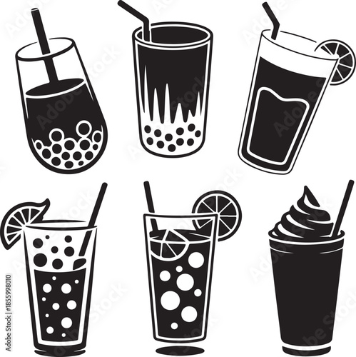 Assorted summer drinks and bubble tea in tall glasses illustration
