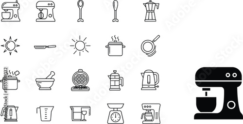 Kitchen and cooking line icon set with appliances utensils coffee makers cookware preparation tools for home culinary design