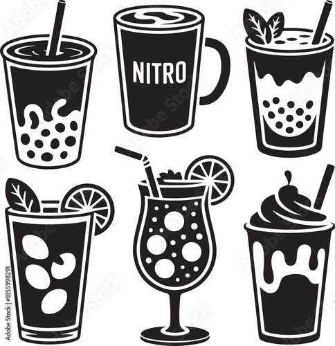 Assorted refreshing summer drinks and cold beverages illustration set