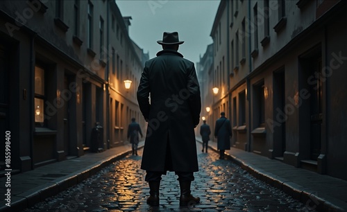 Man in a trench coat stands at the end of a cobblestone street, gazing into a shadowy alleyway lined with old buildings.