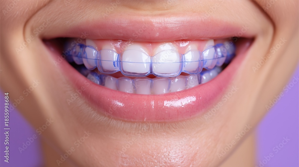 Obraz premium Close-up of caucasian female teen with braces and retainer smile against purple background