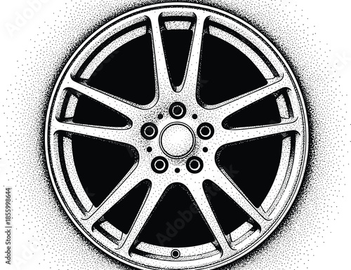 Modern Sport Car Alloy Wheel Rim Design Isolated On White Background Stipple Art Style Cad Drawing Flat Vector Illustration Ornament
