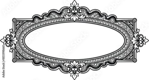 Ornate Decorative Vintage Frame with Baroque Patterns and Filigree Details in Black and White Cad Drawing Flat Vector Illustration Style
