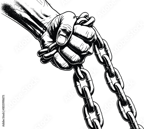 Powerful clenched fist pulling heavy metal chains vector illustration symbolizing strength determination and struggle cad drawing flat vector illustration