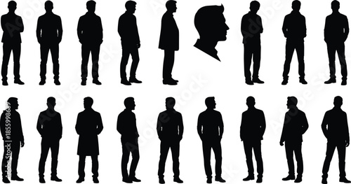 Professional Men Silhouette Collection, Male Figure Poses for Architectural Visualization, Casual Business People Set, CAD Drawing Flat Vector Illustration Graphic Design