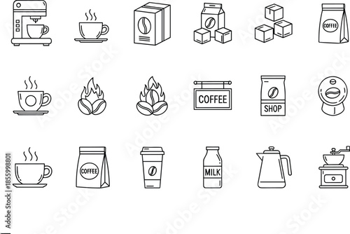 Minimal outline coffee and cafe vector icon set featuring cups, beans, roasting, packaging, milk, brewing tools, and shop symbols