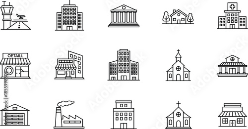 Minimal outline city building vector icon set featuring airport, hospital, shops, offices, churches, factories, and public architecture symbols