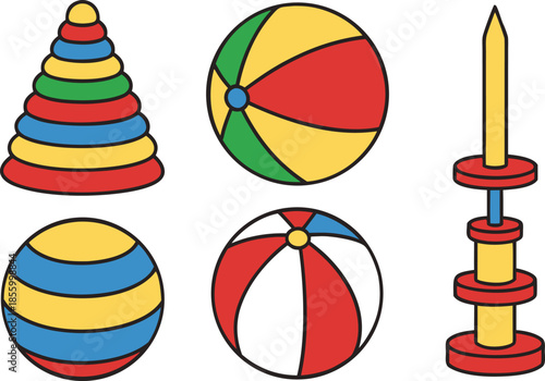 All Kinds of Children Toys Collection. Kids Toys Variety Set Illustration. Educational and Fun Children Toys Set. Colorful Children Toys Collection. Playtime Baby and Kids Toys Variety Illustration