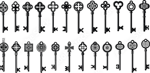 Vintage ornate antique keys collection with floral, gothic, and geometric designs for decorative, steampunk, fantasy, and retro-themed projects.