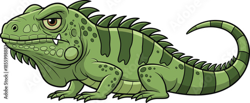 Cartoon green iguana character with spines, stripes, fangs, and curled tail in side profile, vector illustration