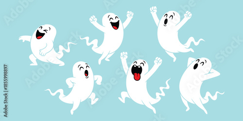 Set of cartoon ghost characters in playful expressive poses with wavy tails and cheerful faces, vector illustration