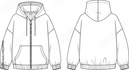 Technical flat sketch of hooded zip-up sweatshirt front and back view with kangaroo pocket and ribbed cuffs, vector illustration