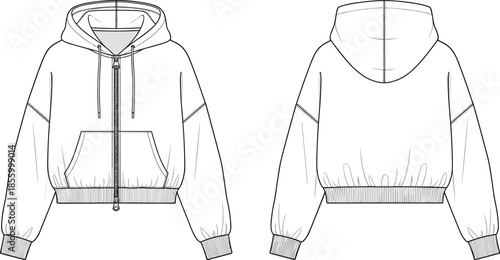 Technical flat sketch of hooded zip-up sweatshirt front and back view with kangaroo pocket, drawstring hood, vector illustration