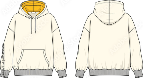Technical flat sketch of off-white hooded sweatshirt with mustard lining, kangaroo pocket, ribbed cuffs and hem, vector illustration