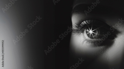 Extreme close-up of a human eye in deep chiaroscuro lighting, dramatic underexposed cinematic portrait with brilliant white star reflection in the iris and high contrast