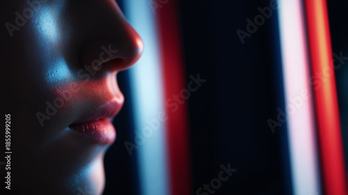 anatomy lighting with extreme close-up on cheekbone and nose bridge in profile, skin texture illuminated by sharp red white and blue stripes, minimalist macro photography