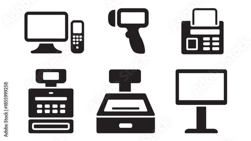 Various office equipment icons arranged neatly on a clean white background, viewed from directly above.