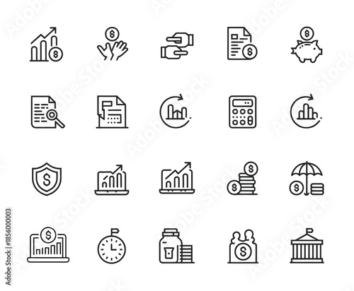 income protection, loan, profit and loss and more, pixel perfect icons for business strategy, financial reporting, insurance coverage, commercial credit, and professional auditing services website des